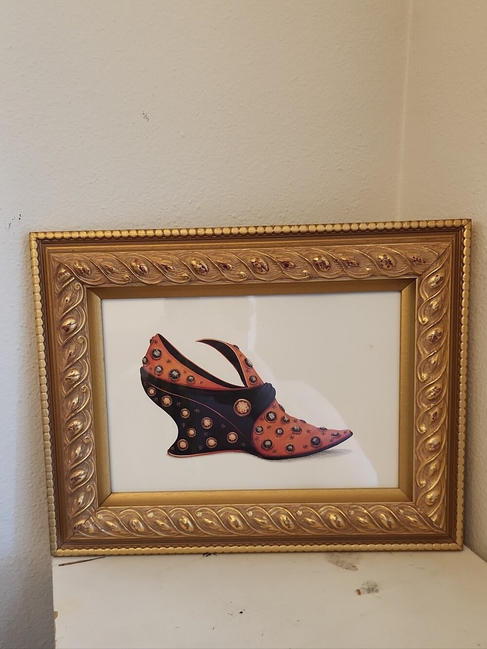 ♤ Studded Orange & Black Wedge Shoe Art Print With Gold Frame 9x6